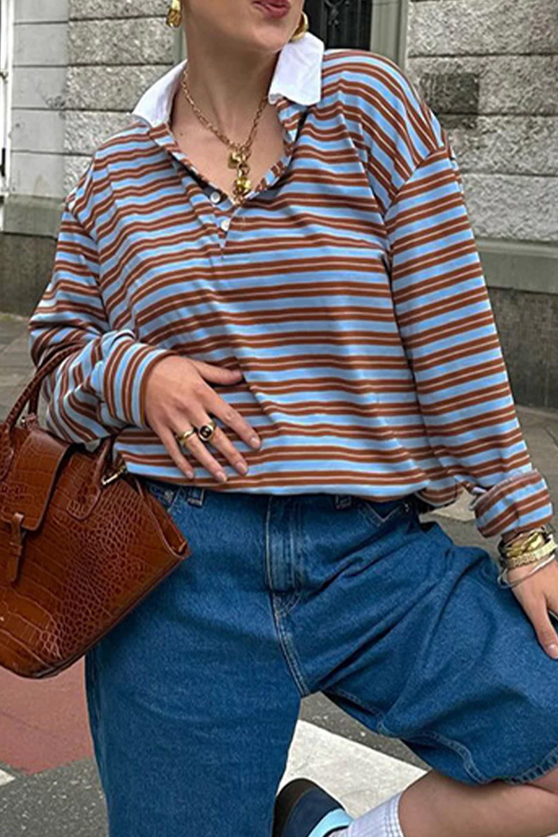 Casual Daily Striped Print Buttons Contrast Turndown Collar Tops - Panekey