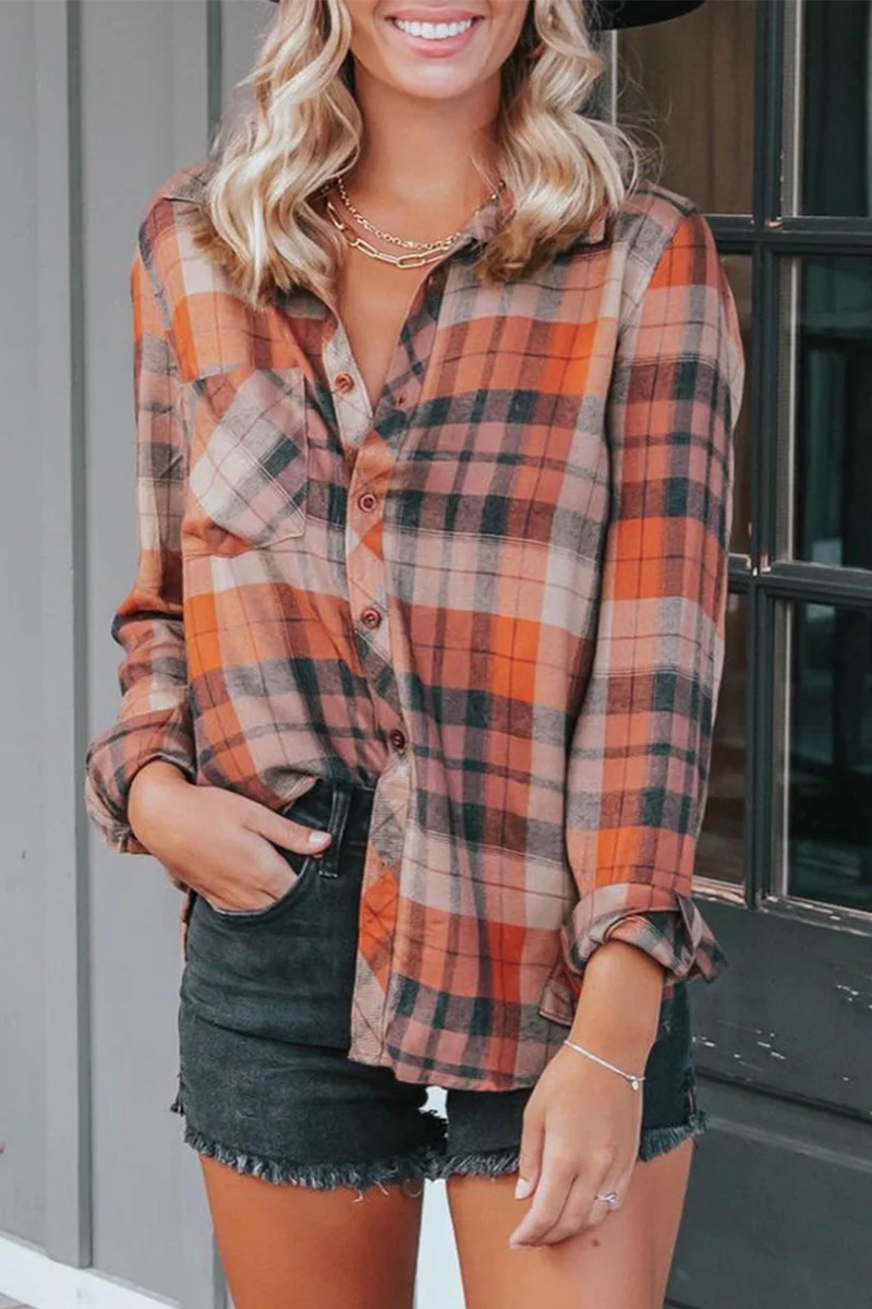 Casual Plaid Patchwork Turndown Collar Blouses - Panekey