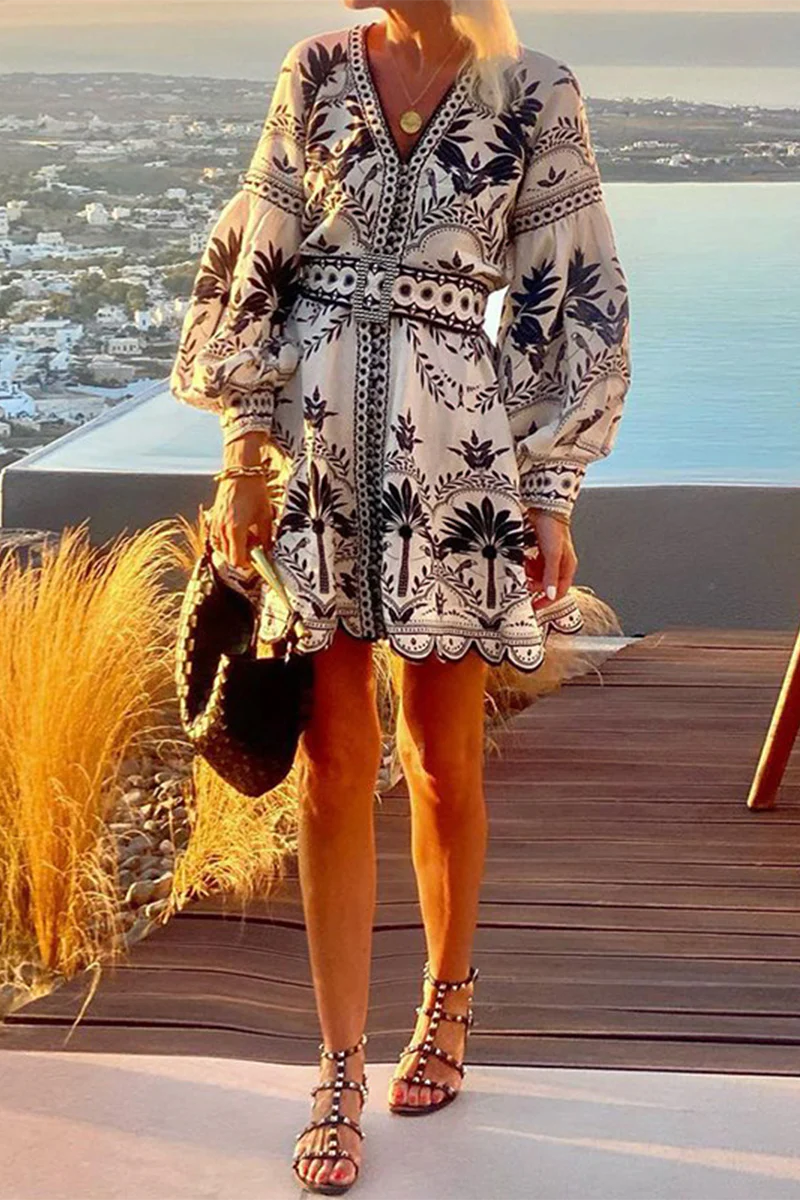 Casual Floral Print Patchwork With Belt V Neck A Line Dresses - Panekey