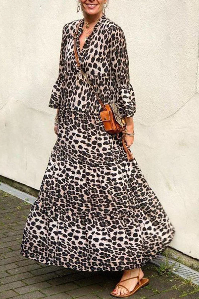 Casual Leopard Patchwork V Neck Cake Skirt Dresses - Panekey