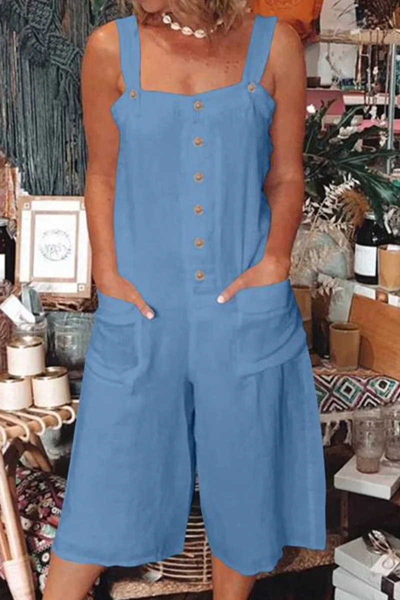 Casual Daily Solid Pocket Buttons Square Collar Loose Rompers - Panekey