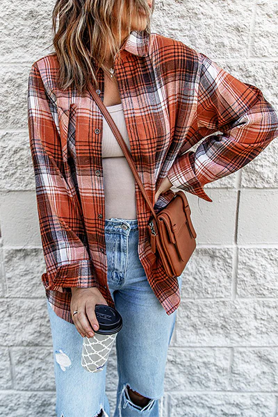 Casual Plaid Patchwork Buckle Turndown Collar Blouses - Panekey