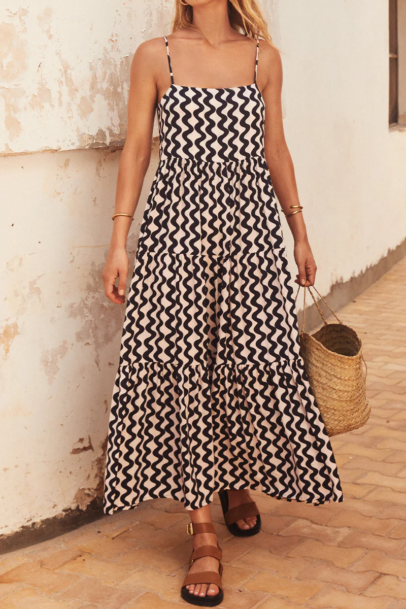 Casual Geometric Print Flounce Square Collar Sling Dresses - Panekey