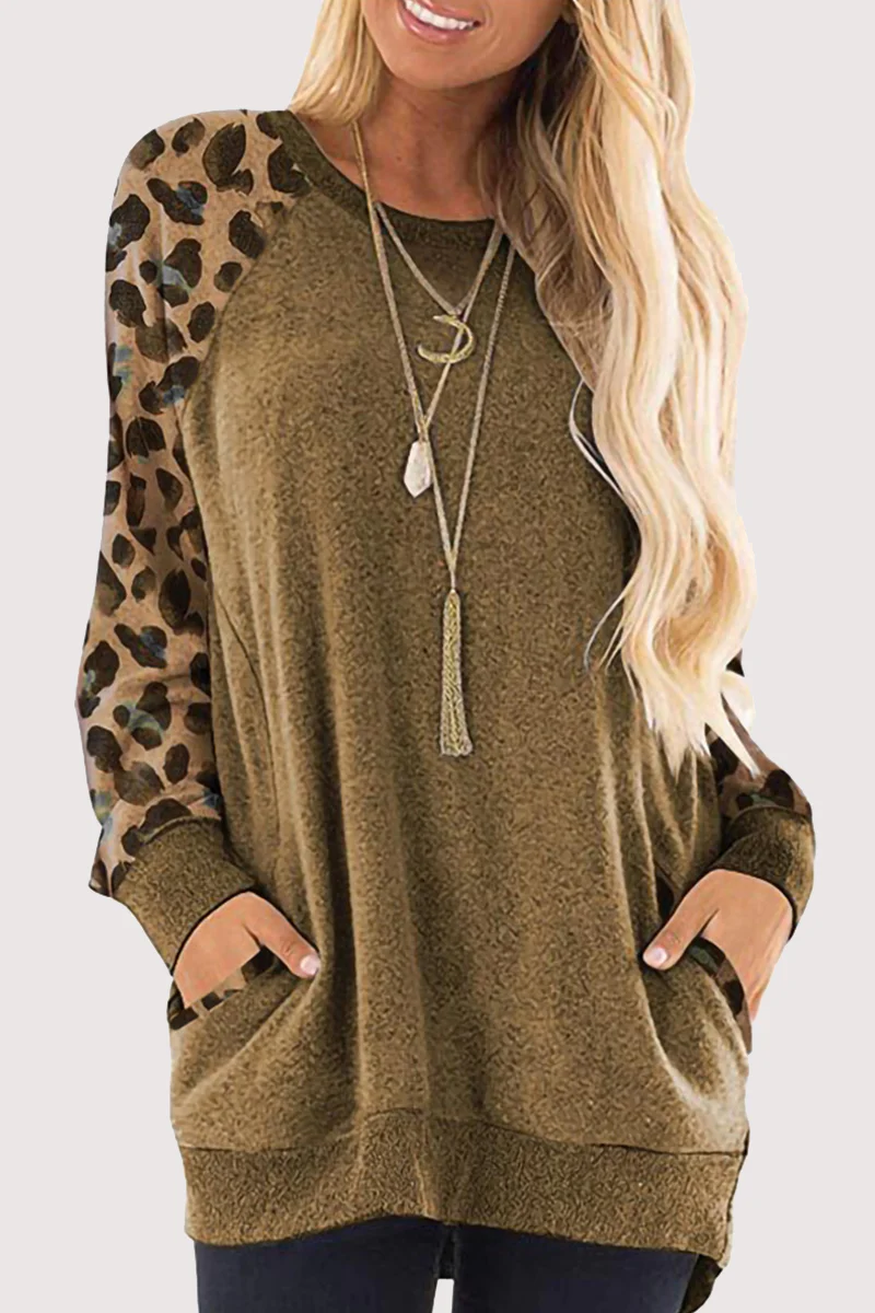 Casual Leopard Split Joint Pocket O Neck Tops - Panekey