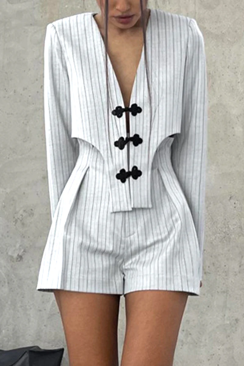 Casual British Style Striped Buttons Asymmetrical V Neck Long Sleeve Two Pieces - Panekey