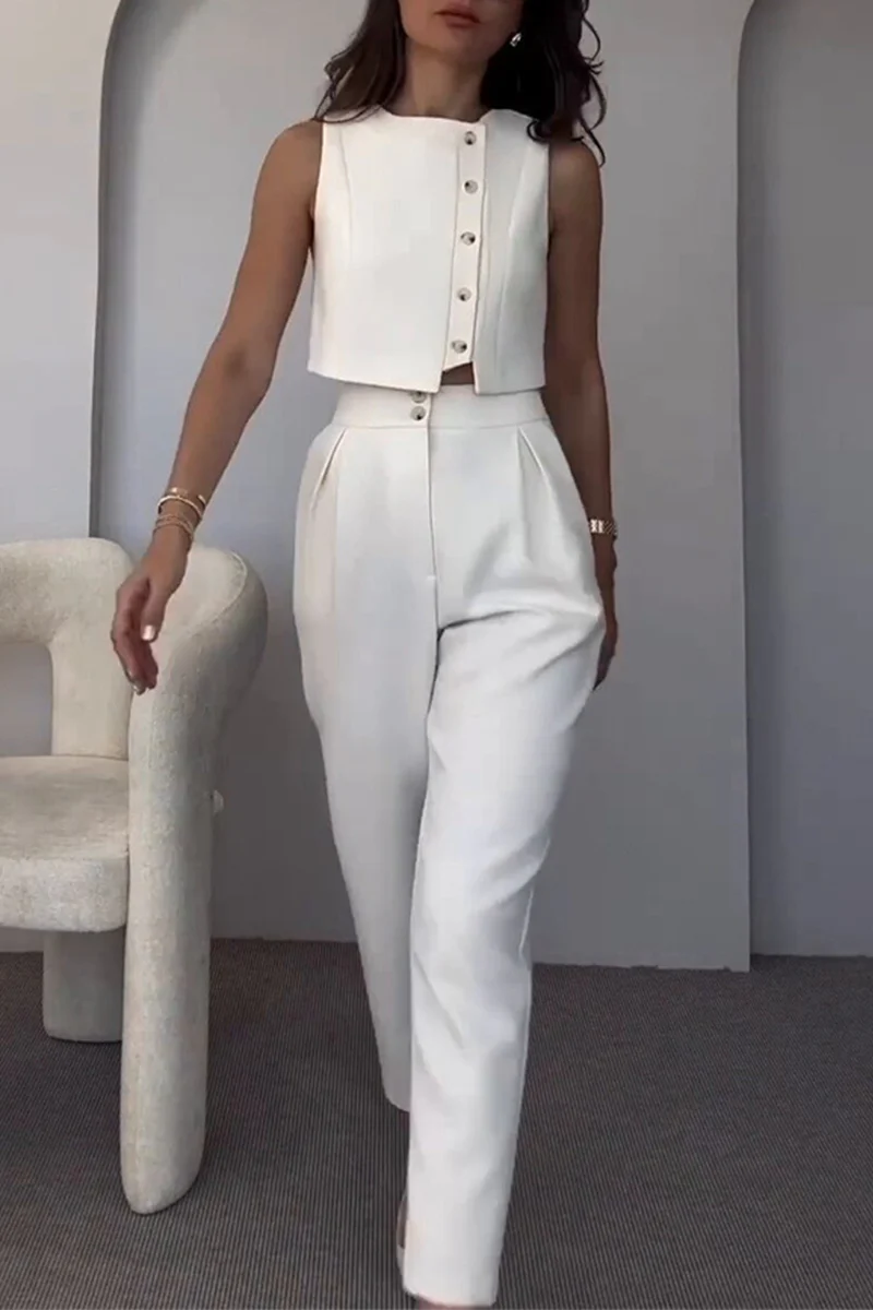 Casual Pocket Buttons O Neck Sleeveless Two Pieces - Panekey