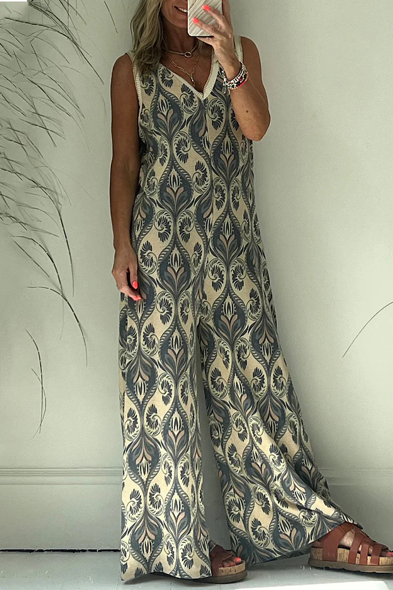 Casual College Geometric Printing V Neck Loose Jumpsuits - Panekey