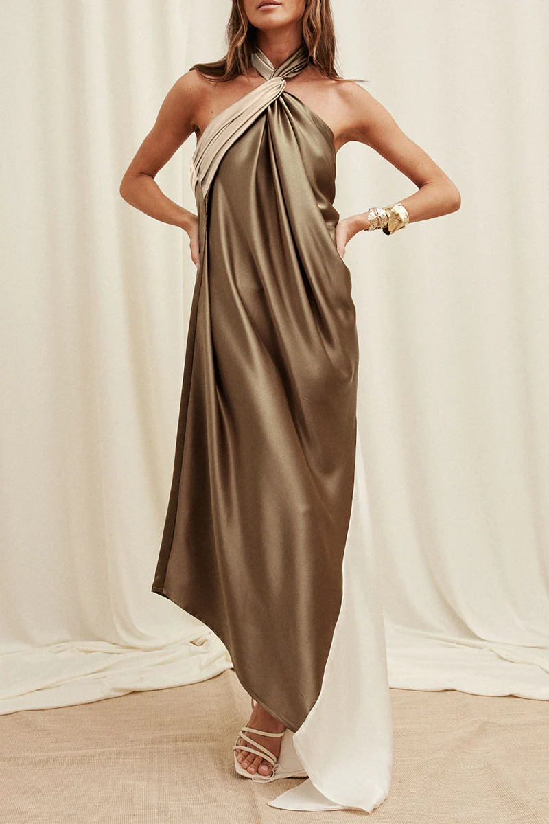 Casual Colorblock Patchwork Irregular Contrast Halter Irregular Dresses - Panekey