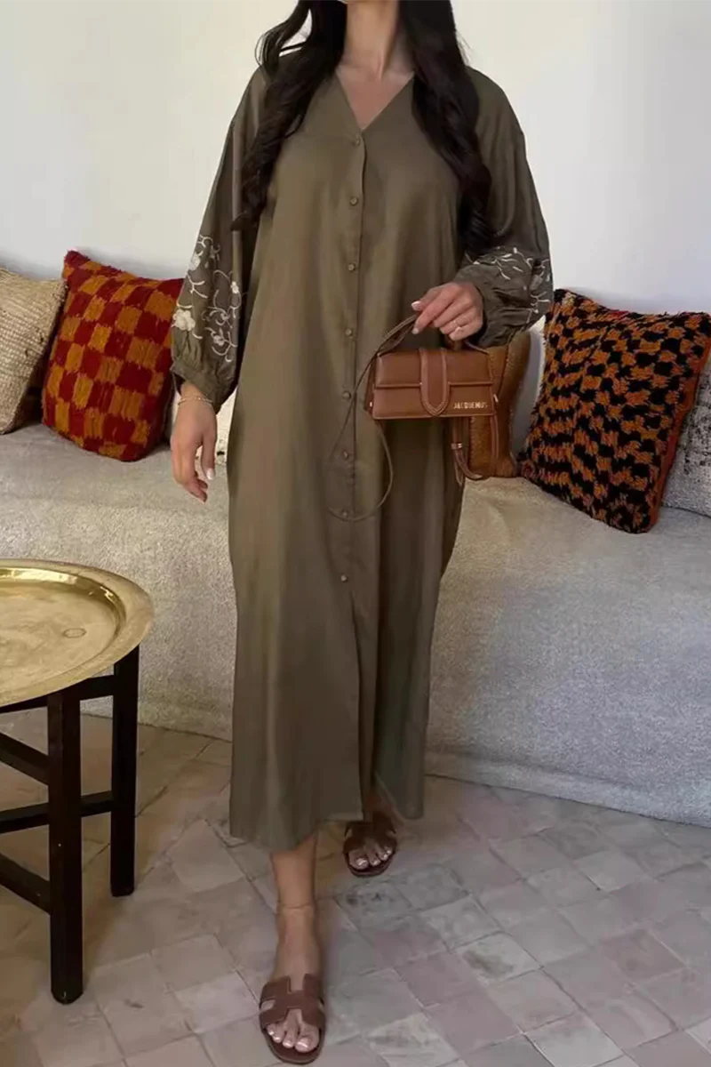 Casual Flowers Buckle Patchwork V Neck A Line Dresses - Panekey