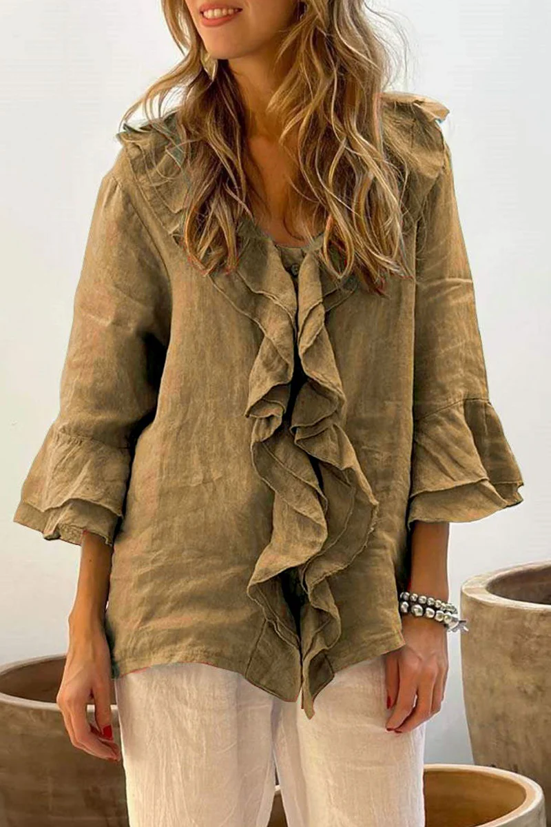 Casual Daily Solid Color Ruffle V Neck Blouses(7 Colors) - Panekey