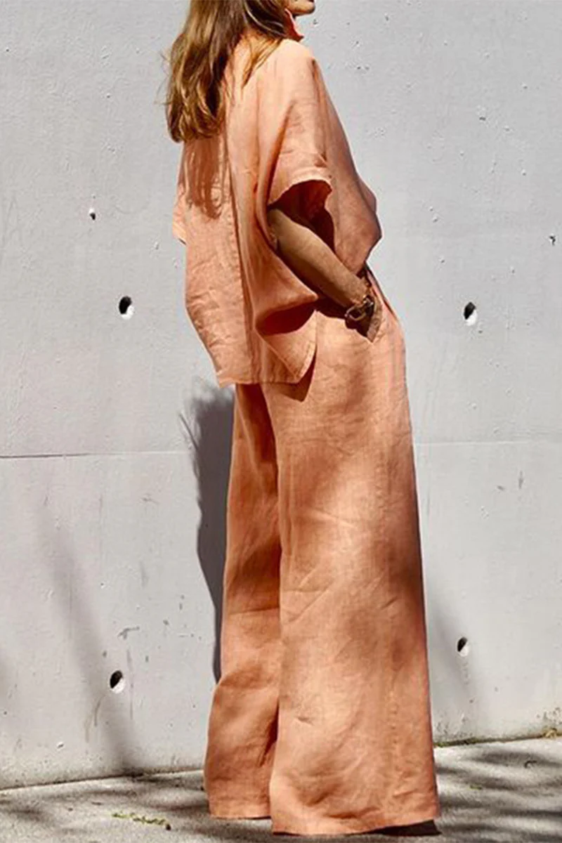 Casual Daily Solid Color Pocket Turndown Collar Half Sleeve Two Pieces - Panekey