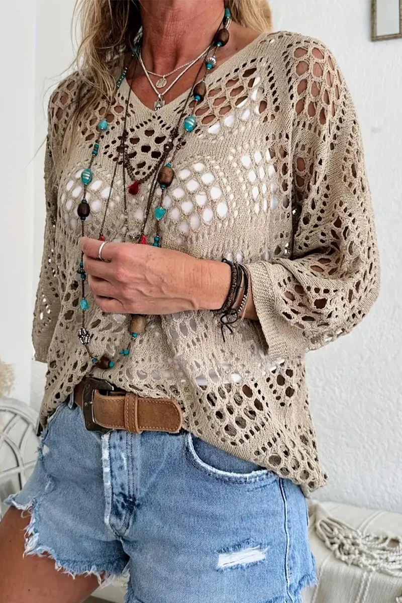 Casual Daily Solid Color Hollow Out V Neck Sweaters(5 Colors) - Panekey