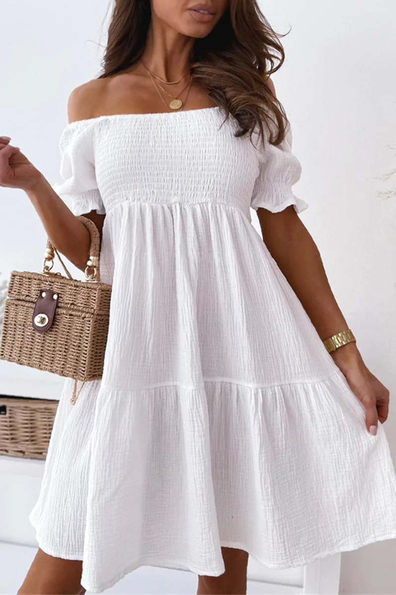 Casual Elegant Solid Patchwork Flounce Off the Shoulder A Line Dresses(3 Colors) - Panekey