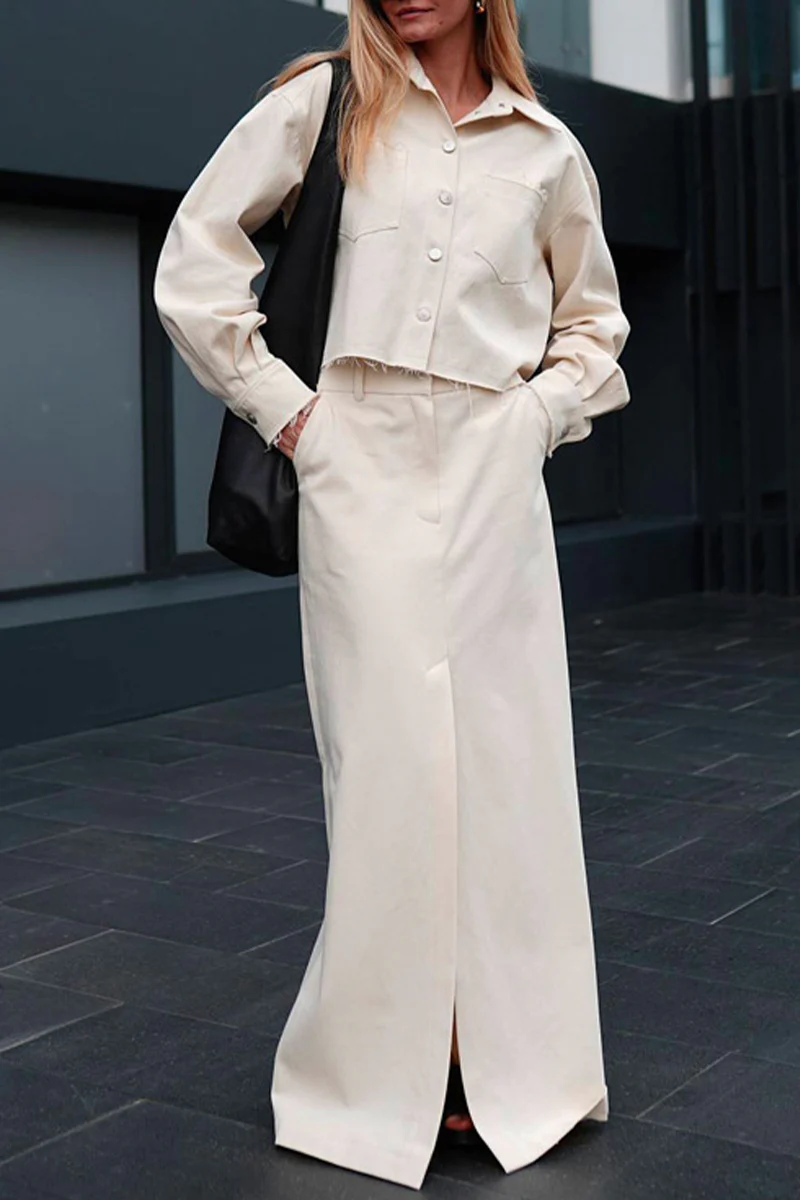 Casual Elegant Solid Pocket Turndown Collar Long Sleeve Two Pieces - Panekey