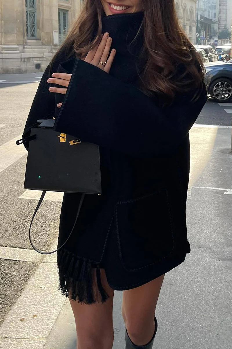 Casual British Style Solid Tassel Contrast Scarf Collar Outerwear - Panekey