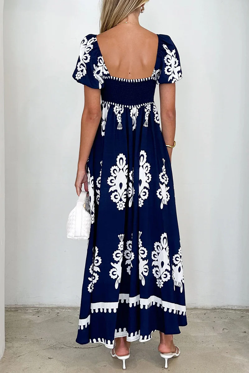 Casual Geometric Print Pocket Contrast Square Neck A Line Short Sleeve Dress - Panekey