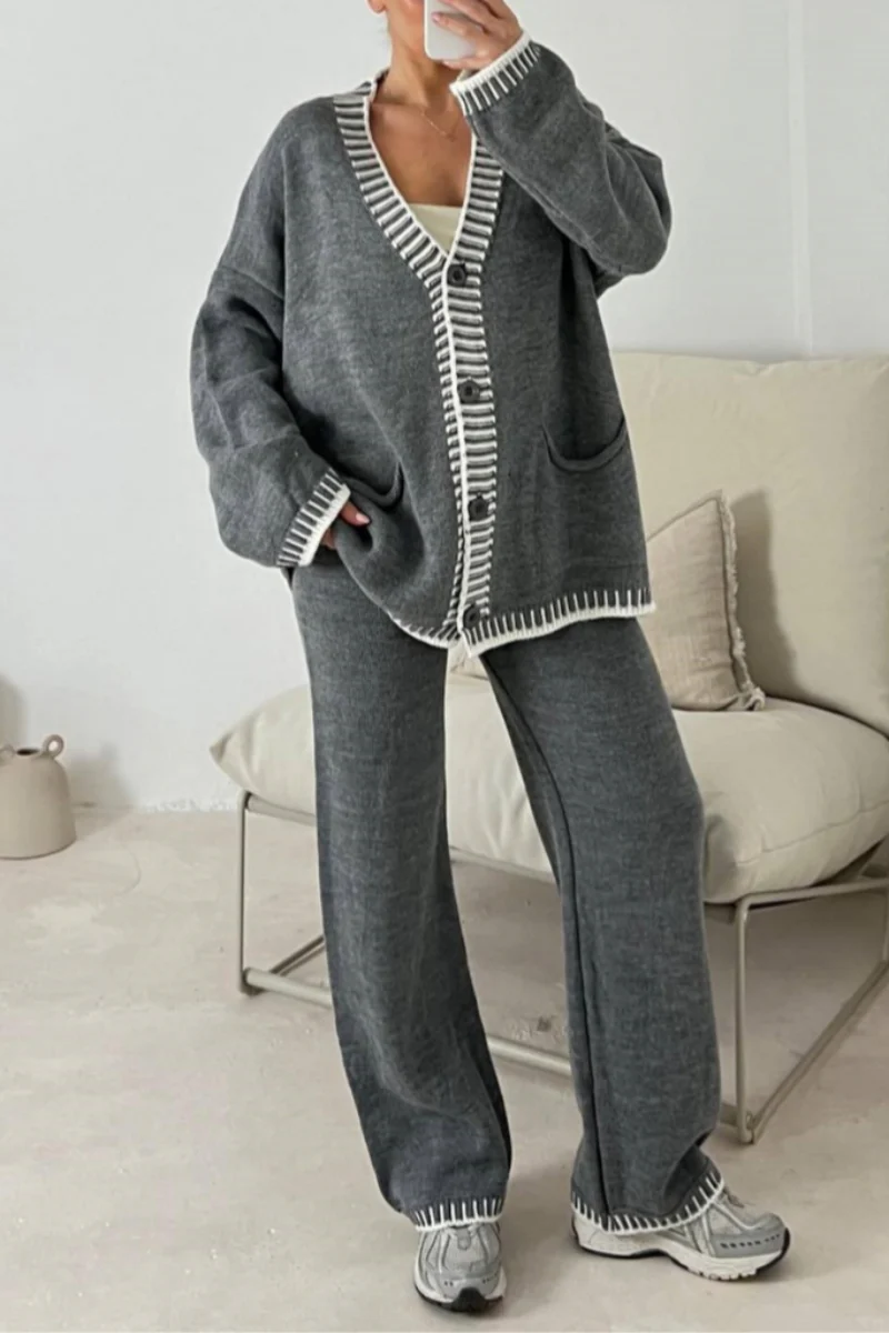 Casual Patchwork Buttons V Neck Long Sleeve Two Pieces(4 Colors) - Panekey