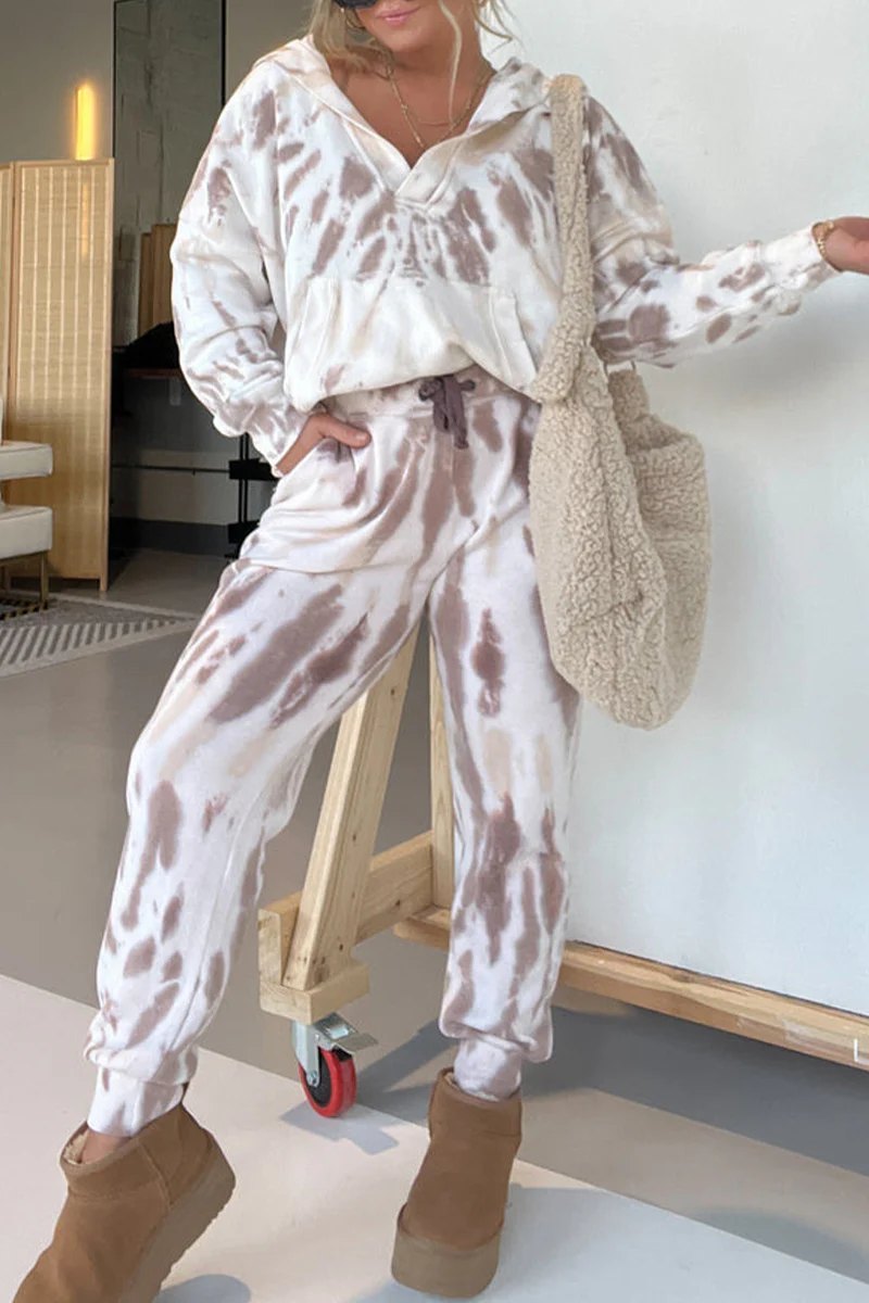 Casual Gradual Change Draw String Pocket Hooded Collar Long Sleeve Two Pieces - Panekey