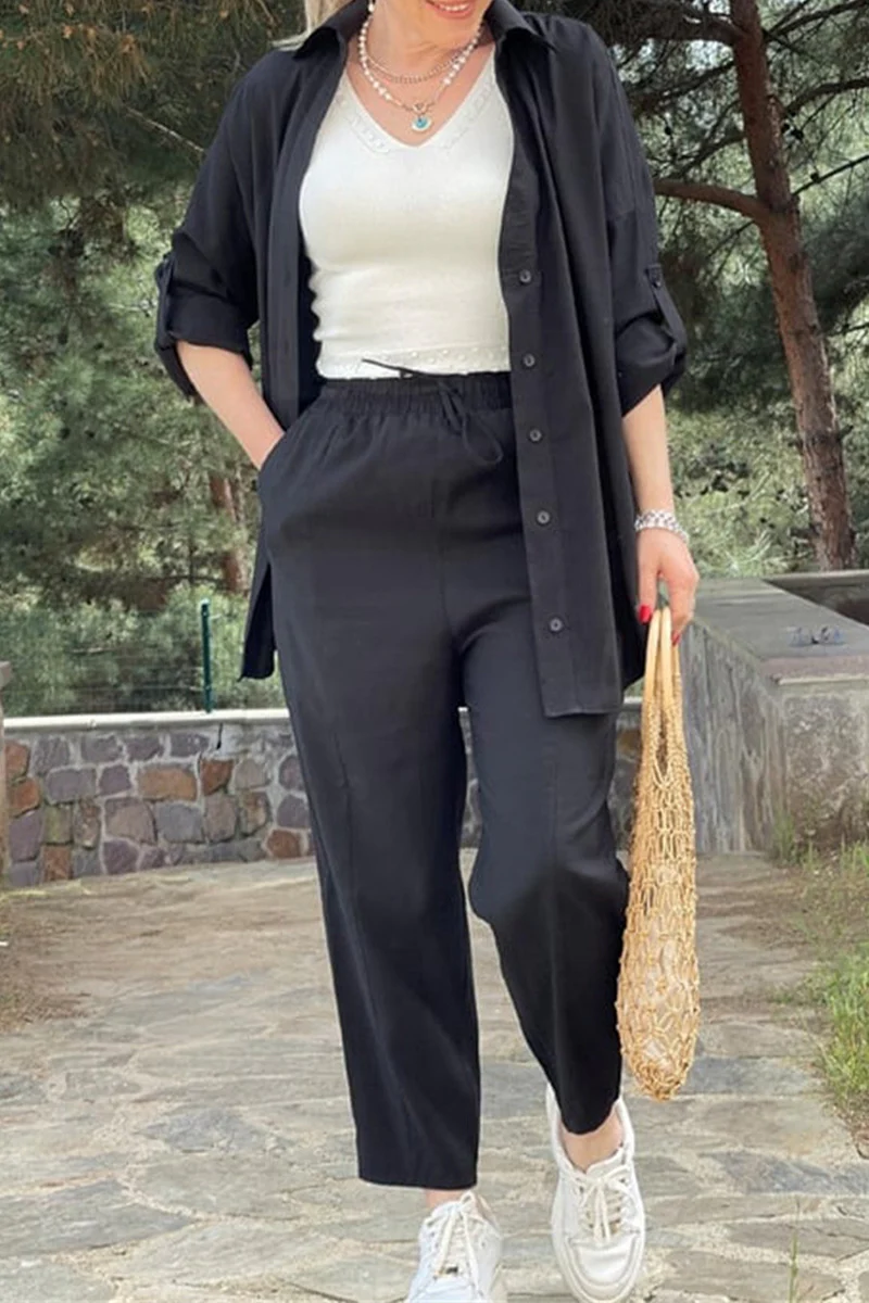 Casual Daily Solid Pocket Frenulum Turndown Collar Long Sleeve Two Pieces - Panekey