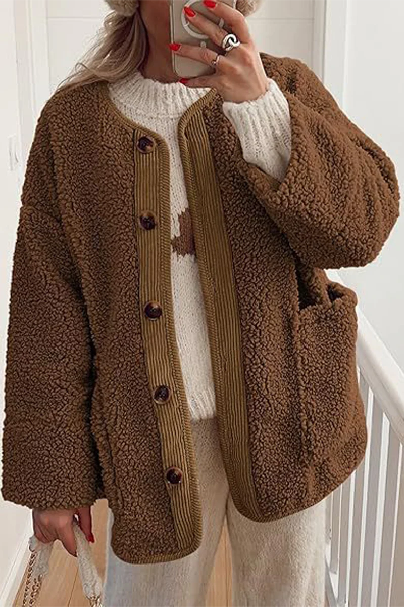 Casual Pocket Contrast O Neck Outerwear(6 Colors) - Panekey