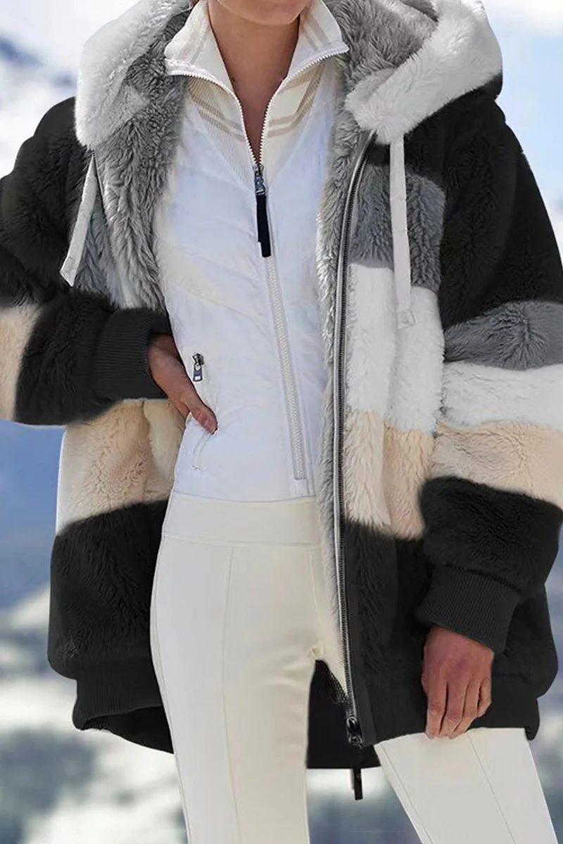 Casual Patchwork Contrast Zipper Hooded Collar Outerwear - Panekey