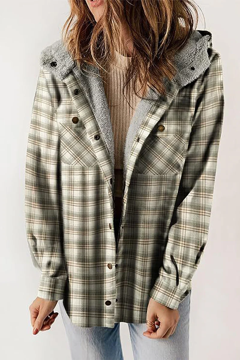 Casual Plaid Pocket Fluffy Contrast Hooded Outerwear(7 Colors) - Panekey