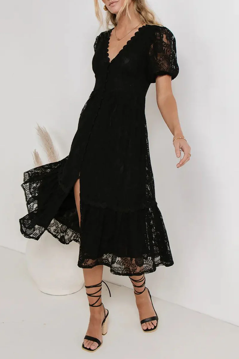 Casual Daily Solid Color Lace Buttons V Neck A Line Dresses(4 Colors) - Panekey