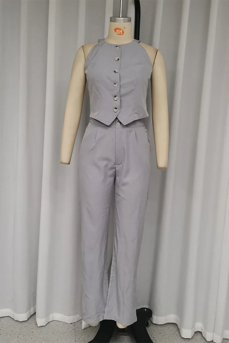 Casual British Style Solid Pocket Buttons O Neck Sleeveless Two Pieces - Panekey