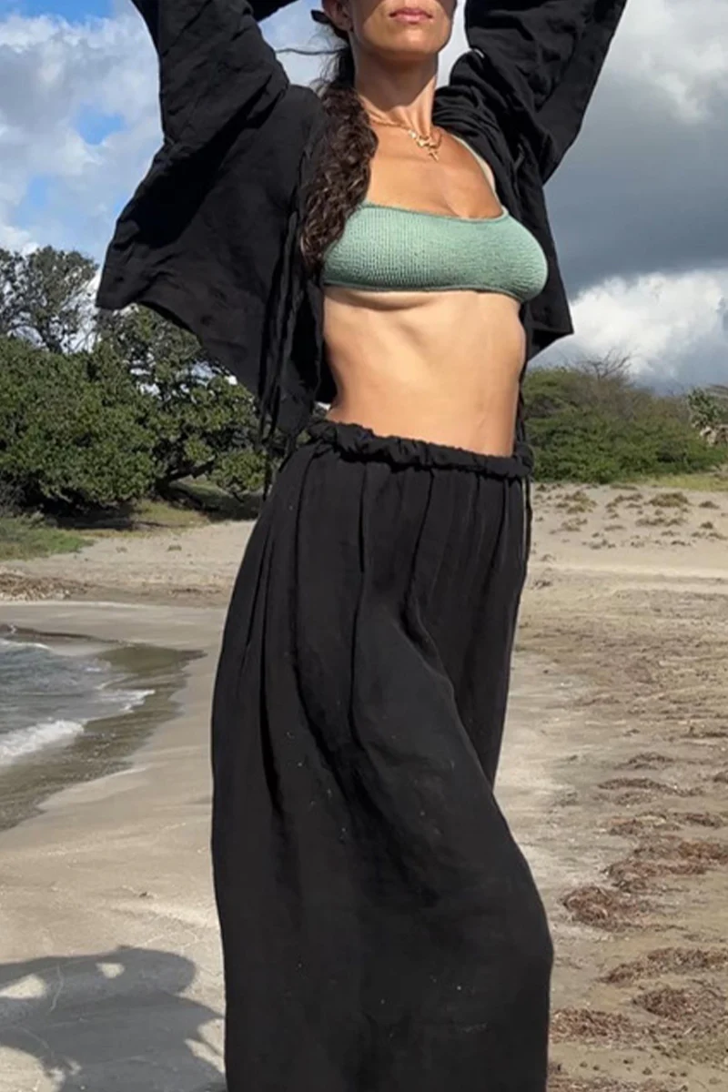 Casual Daily Solid Color Lace Up O Neck Long Sleeve Two Pieces - Panekey