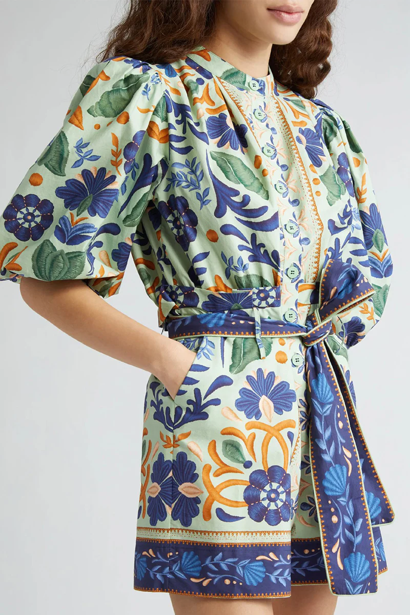 Casual Floral Print Lace Up Buttons O Neck Rompers - Panekey