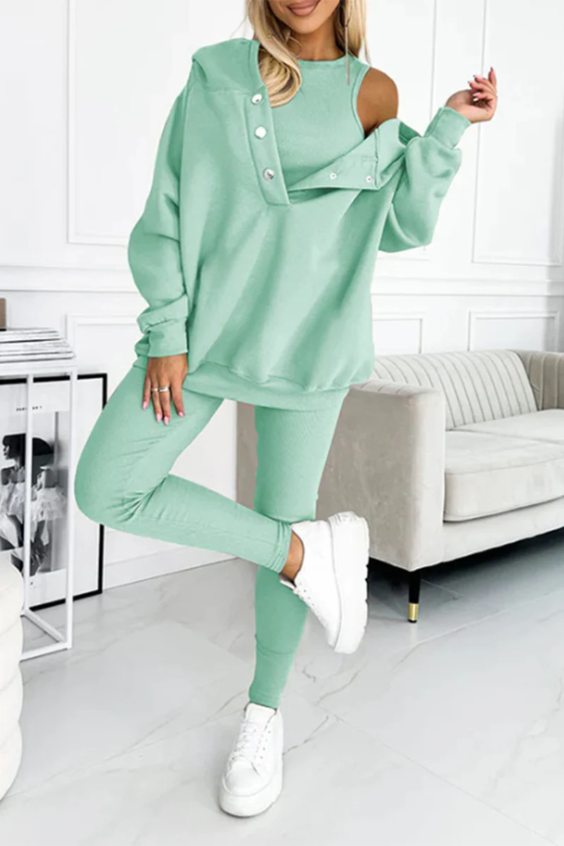 Casual Buttons Texture Hooded Long Sleeve Three Pieces(10 Colors) - Panekey