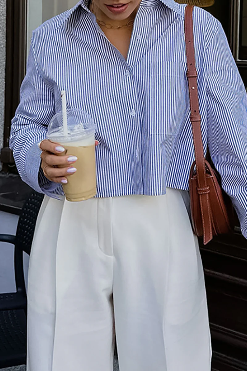 British Style Elegant Striped Patchwork Turndown Collar Tops - Panekey