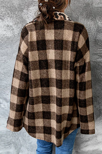 Casual Plaid Leopard Buckle Turndown Collar Tops - Panekey