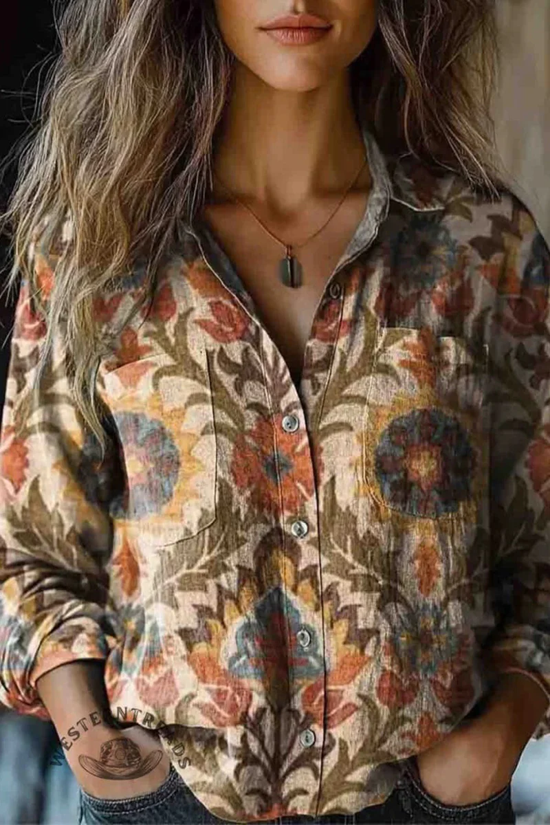 Casual Floral Print Contrast Turndown Collar Blouses(6 Colors) - Panekey