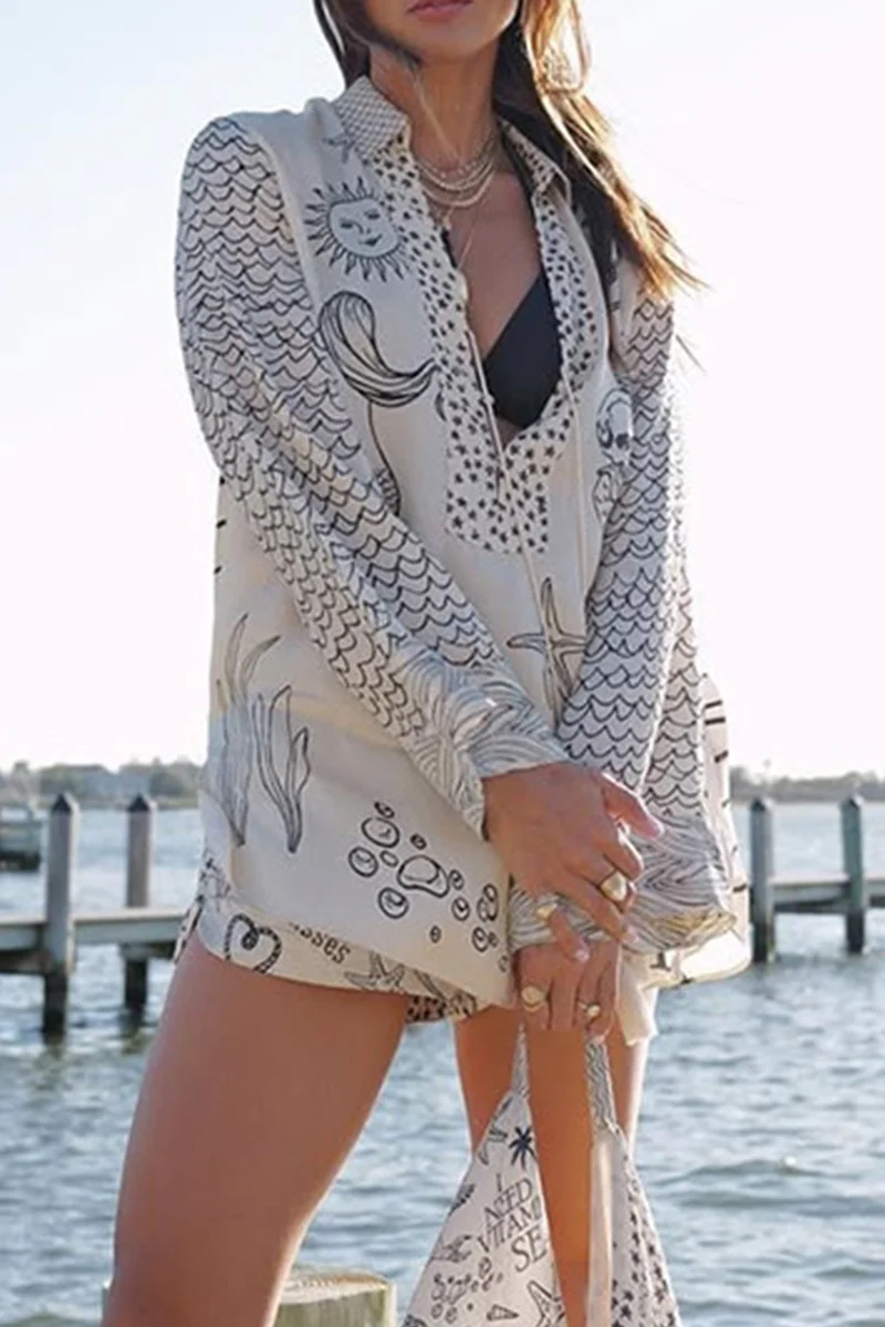 Casual Graffiti Print Tassel Contrast V Neck Long Sleeve Two Pieces - Panekey