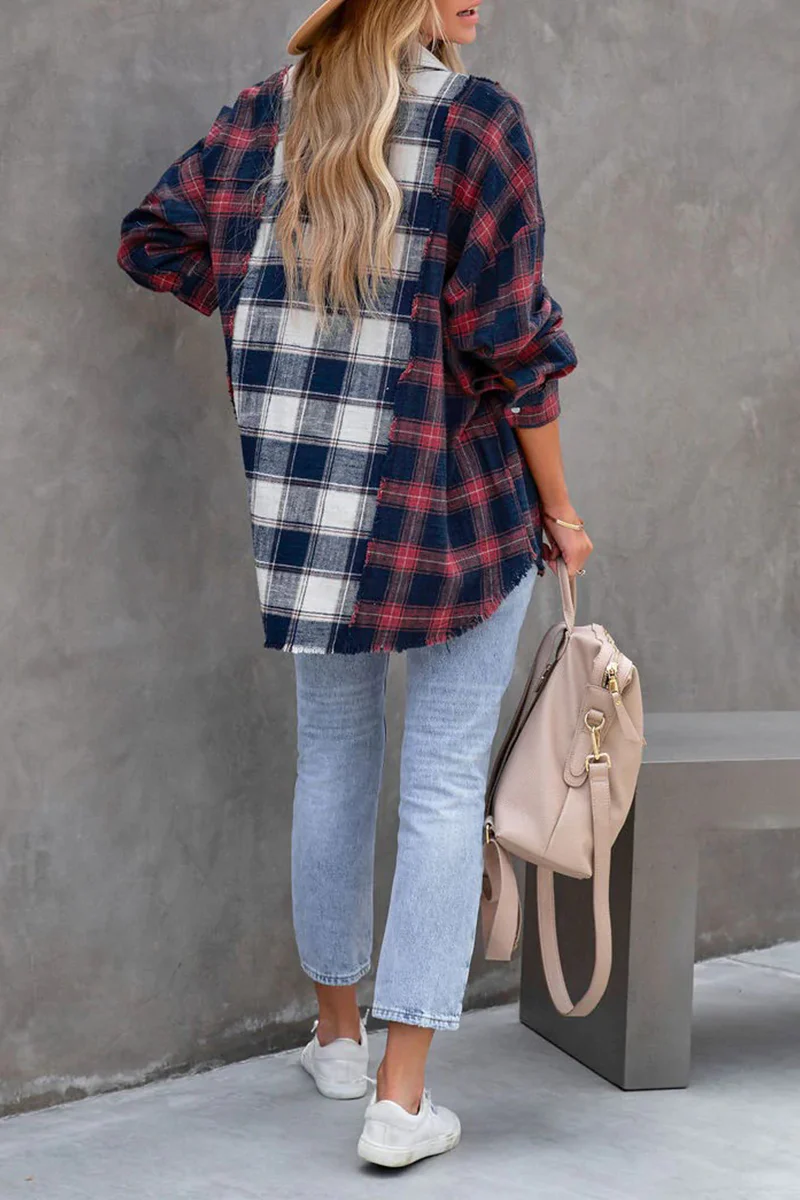 Casual Plaid Patchwork Turndown Collar Tops - Panekey
