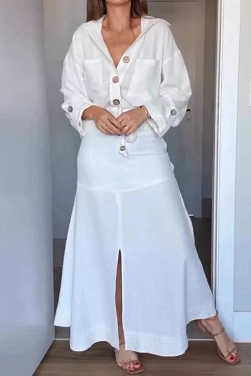 Casual Lace Up Buttons Turndown Collar Long Sleeve Two Pieces - Panekey