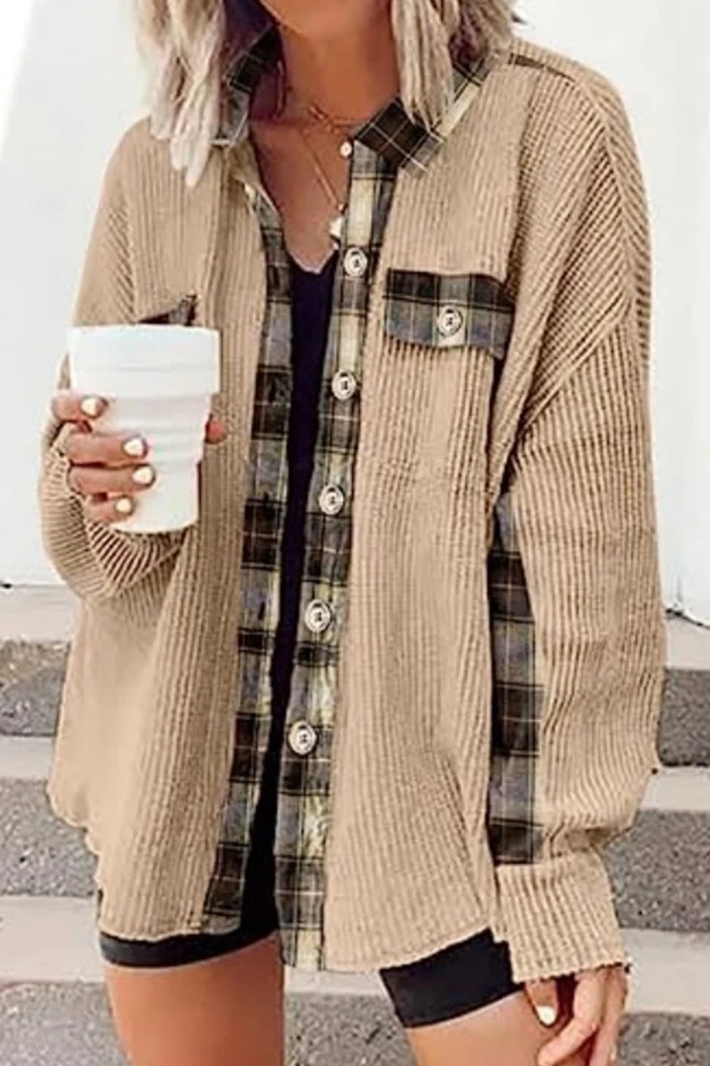 Casual Color Block Pocket Contrast Turndown Collar Tops - Panekey