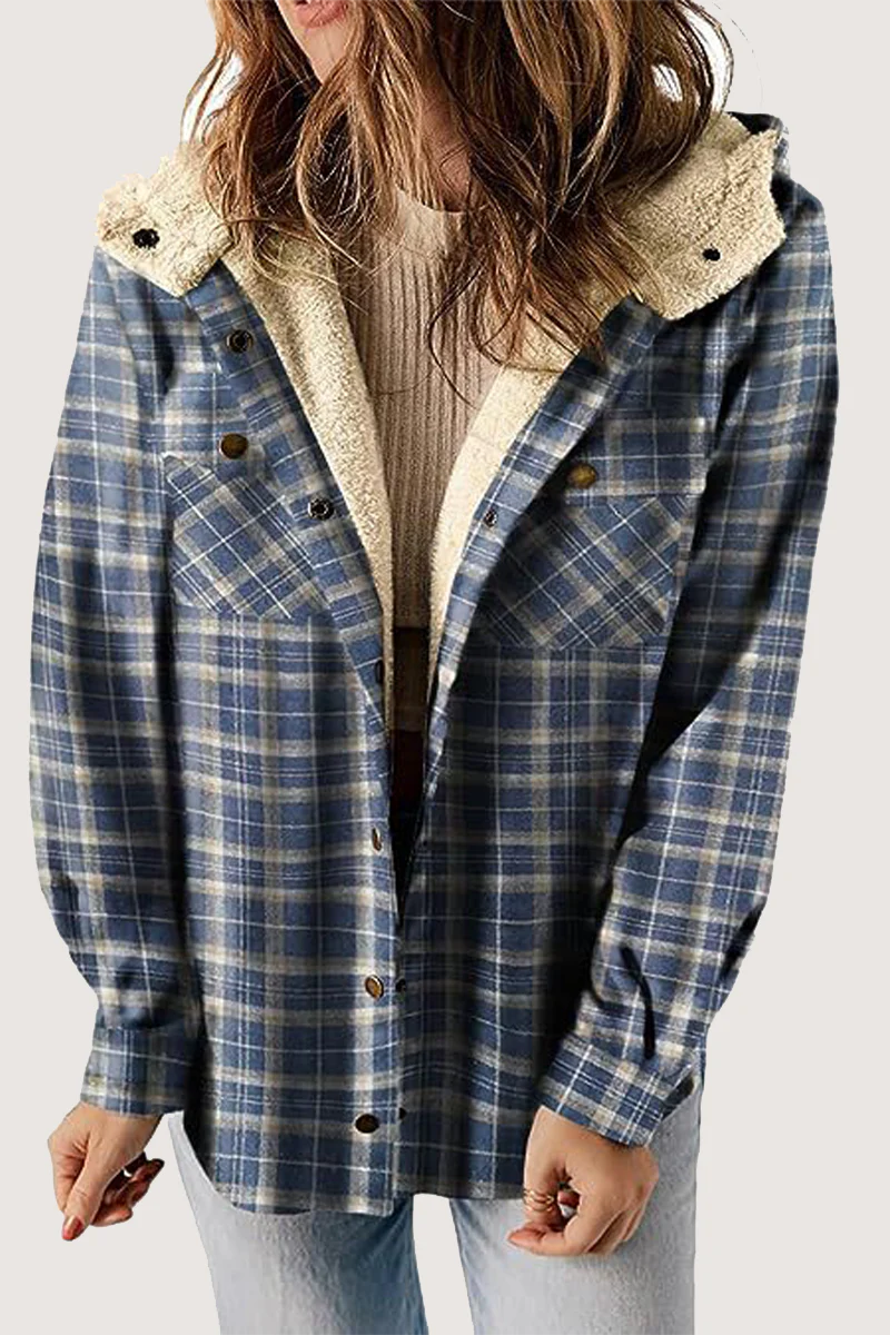 Casual Plaid Pocket Fluffy Contrast Hooded Outerwear(7 Colors) - Panekey