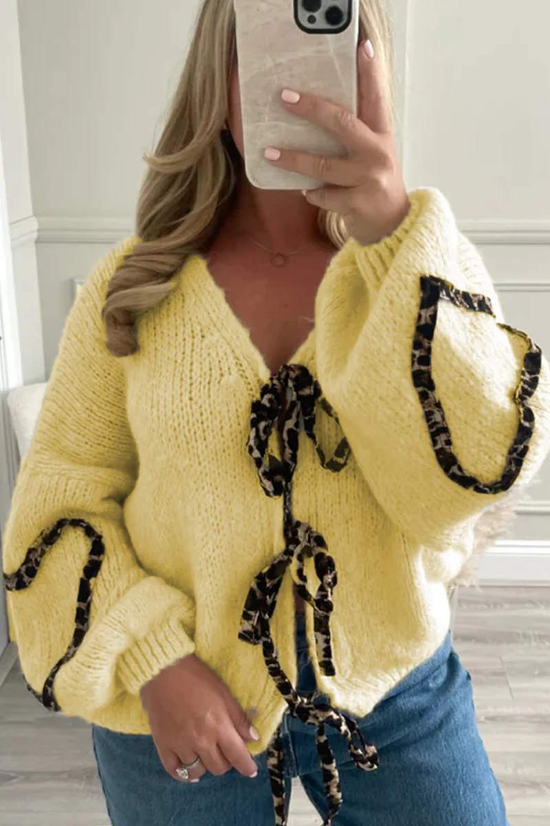 Casual Leopard Lace Up Patchwork Weave V Neck Outerwear(7 Colors) - Panekey