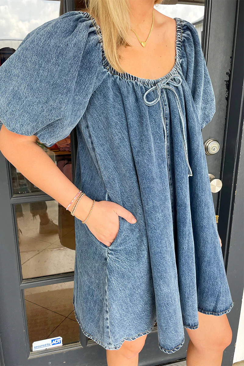 Casual Draw String Pocket Square Neck Short Sleeve Loose Denim Dresses(3 Colors) - Panekey