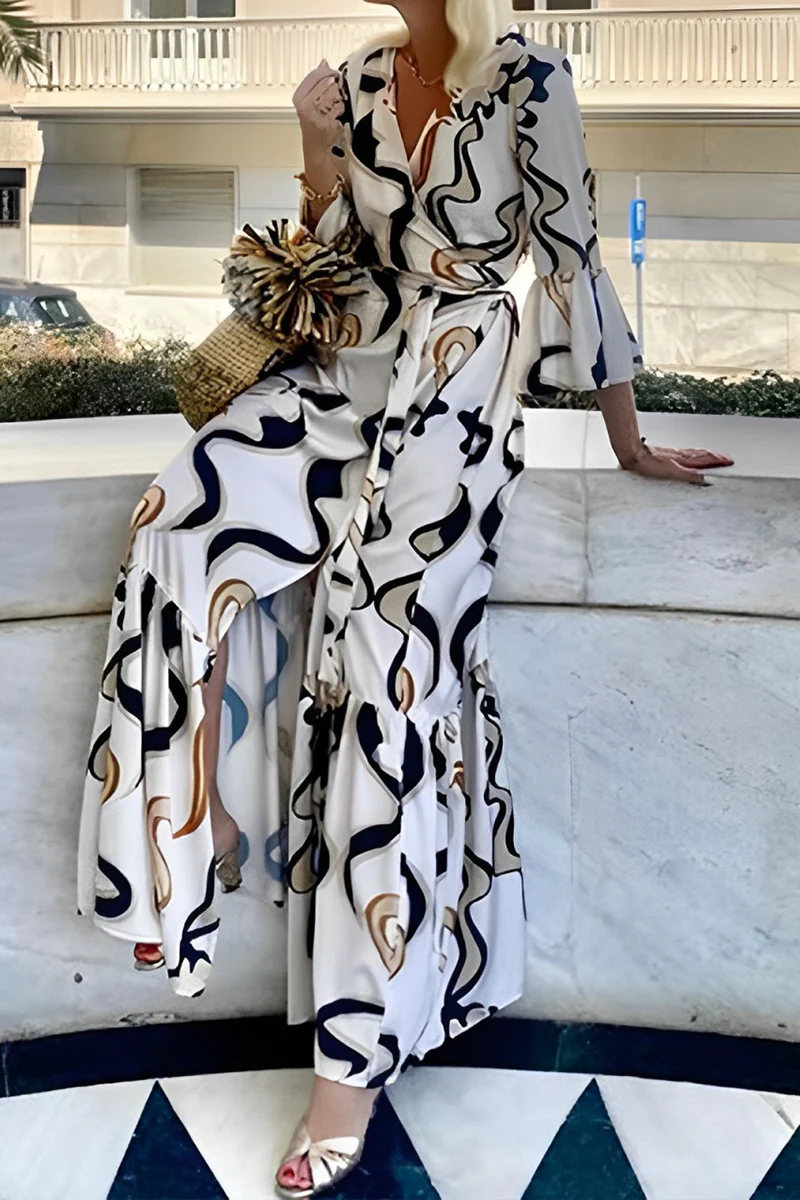 Casual Daily Geometric Print Lace Up Contrast U Neck One-piece Suits Dresses - Panekey