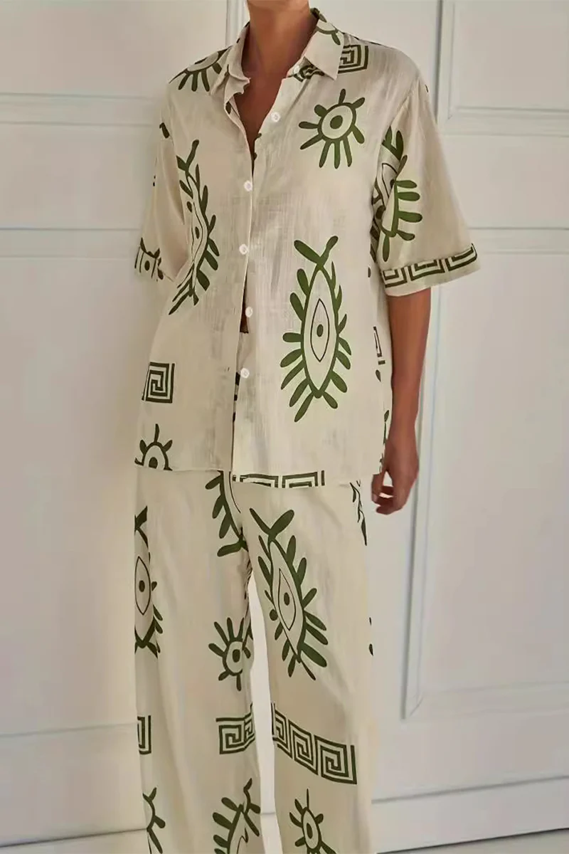 Casual Geometric Print Buttons Turndown Collar Short Sleeve Two Pieces - Panekey