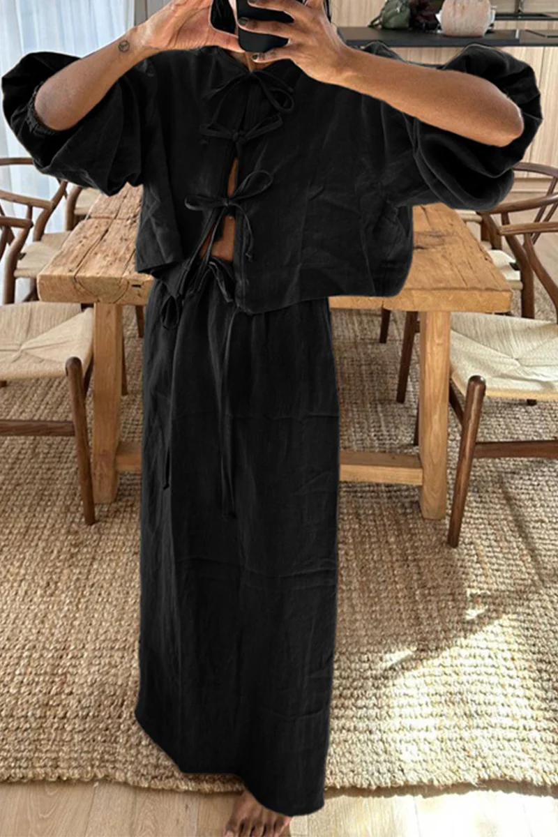 Casual Daily Solid Color Lace Up O Neck Long Sleeve Two Pieces - Panekey