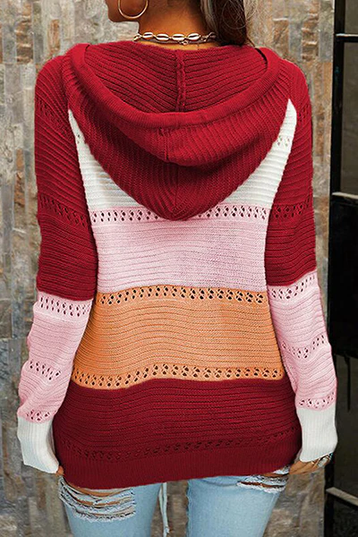 Casual Patchwork Draw String Cross Straps Contrast Hooded Collar Tops(7 Colors) - Panekey