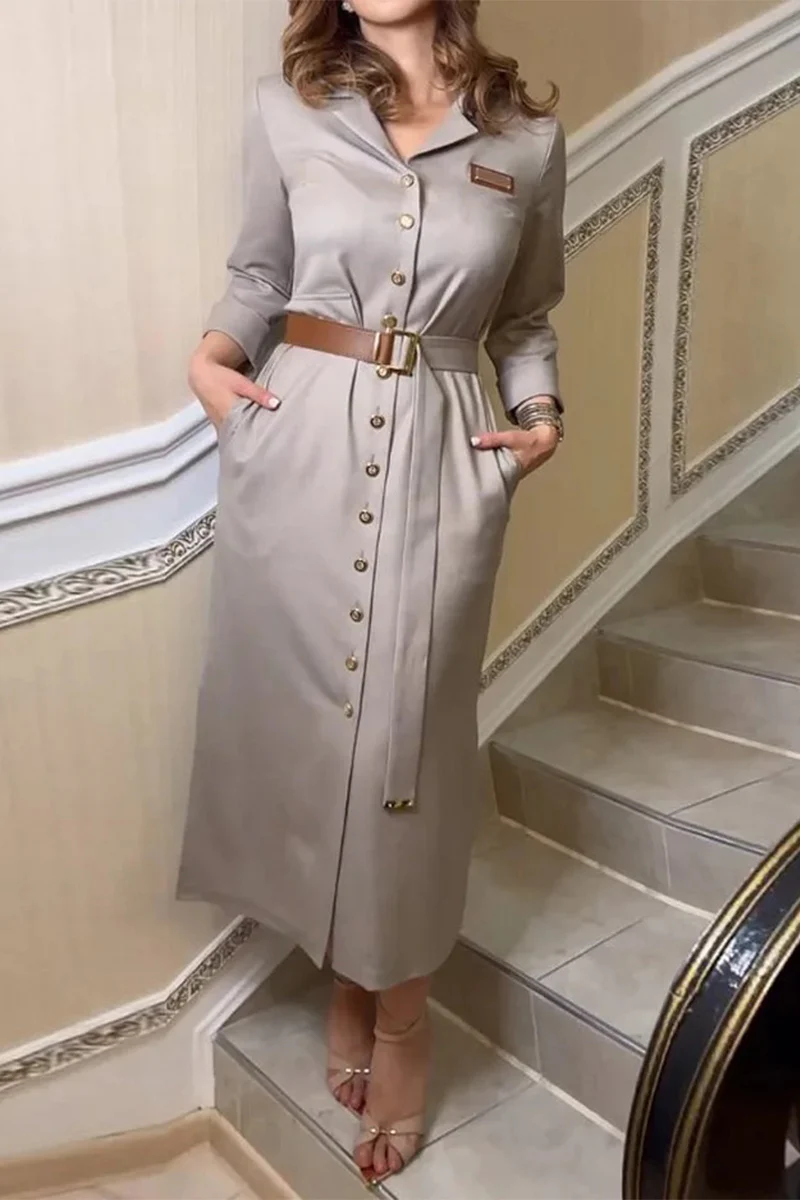 Casual Pocket Buckle With Belt Turndown Collar Shirt Dresses - Panekey