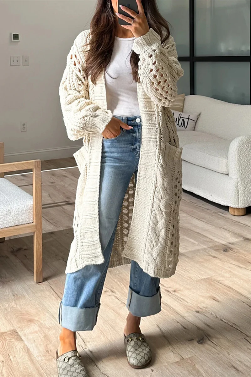 Casual Daily Solid Color Hollow Out Pocket Cardigan Collar Cardigans - Panekey