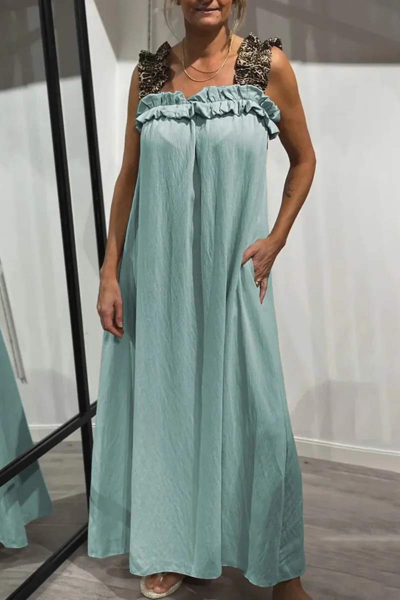 Casual Leopard Pocket Patchwork Flounce Square Neck Long Dresses(8 Colors) - Panekey