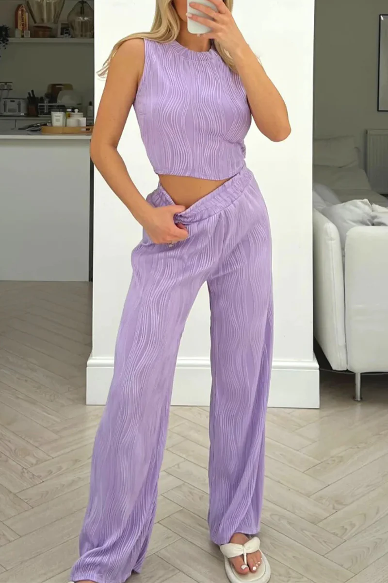 Casual Daily Solid Color Texture O Neck Sleeveless Two Pieces(6 Colors) - Panekey