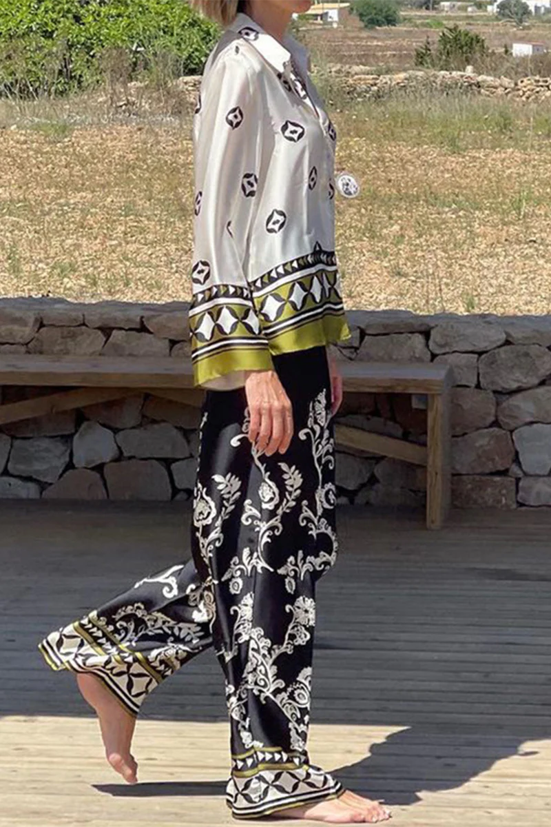 Casual College Print Patchwork Turndown Collar Long Sleeve Two Pieces - Panekey